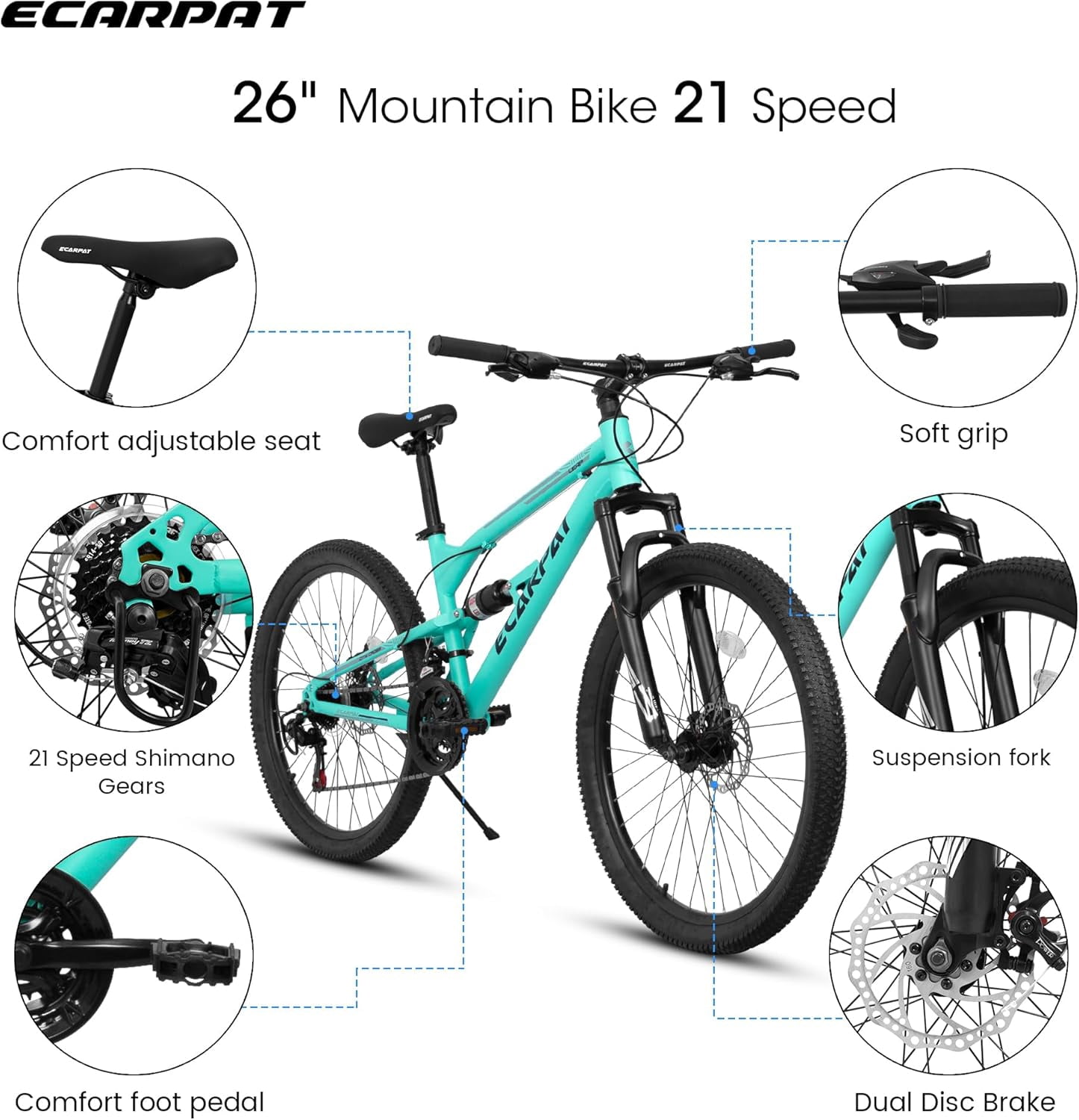 Ambifirner Mountain Bike,26 inch Outdoor Cycling Bike,21-Speed/Dual Full Suspension, Adjustable Ergonomic Seat for Men Women Adult, MTB Bicycle for Adults School Work Summer Camping
