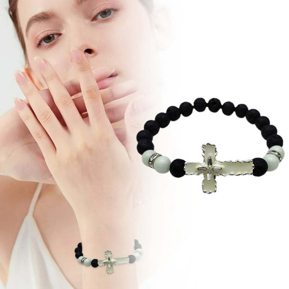 8mm Natural Volcanic Stone Bracelets for Men Women, Luminous Cross Bracelets, Elastic Stretch Beads Bracelet, Bracelet for Women