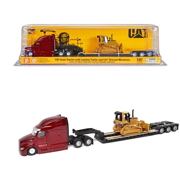 Peterbilt 579 UltraLoft Tandem Tractor Red Metallic with Lowboy Trailer and CAT D5M Dozer Yellow 1/87 (HO) Diecast Model by Diecast Masters