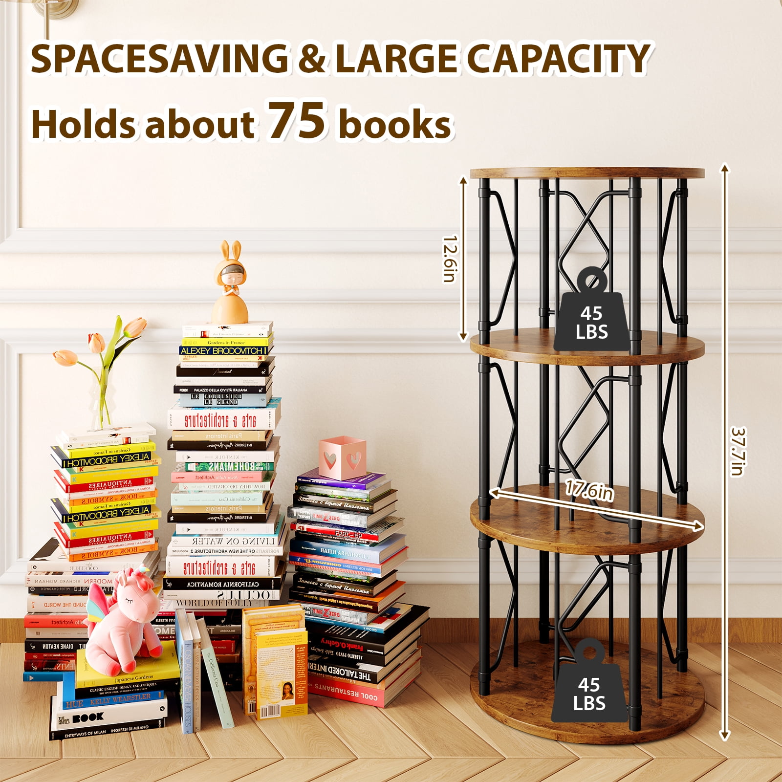 LLappuil 3 Tier Rotating Bookshelf, 360° Display Swivel Bookcase, Corner Bookshelf for for Bedroom, Living Room Brown