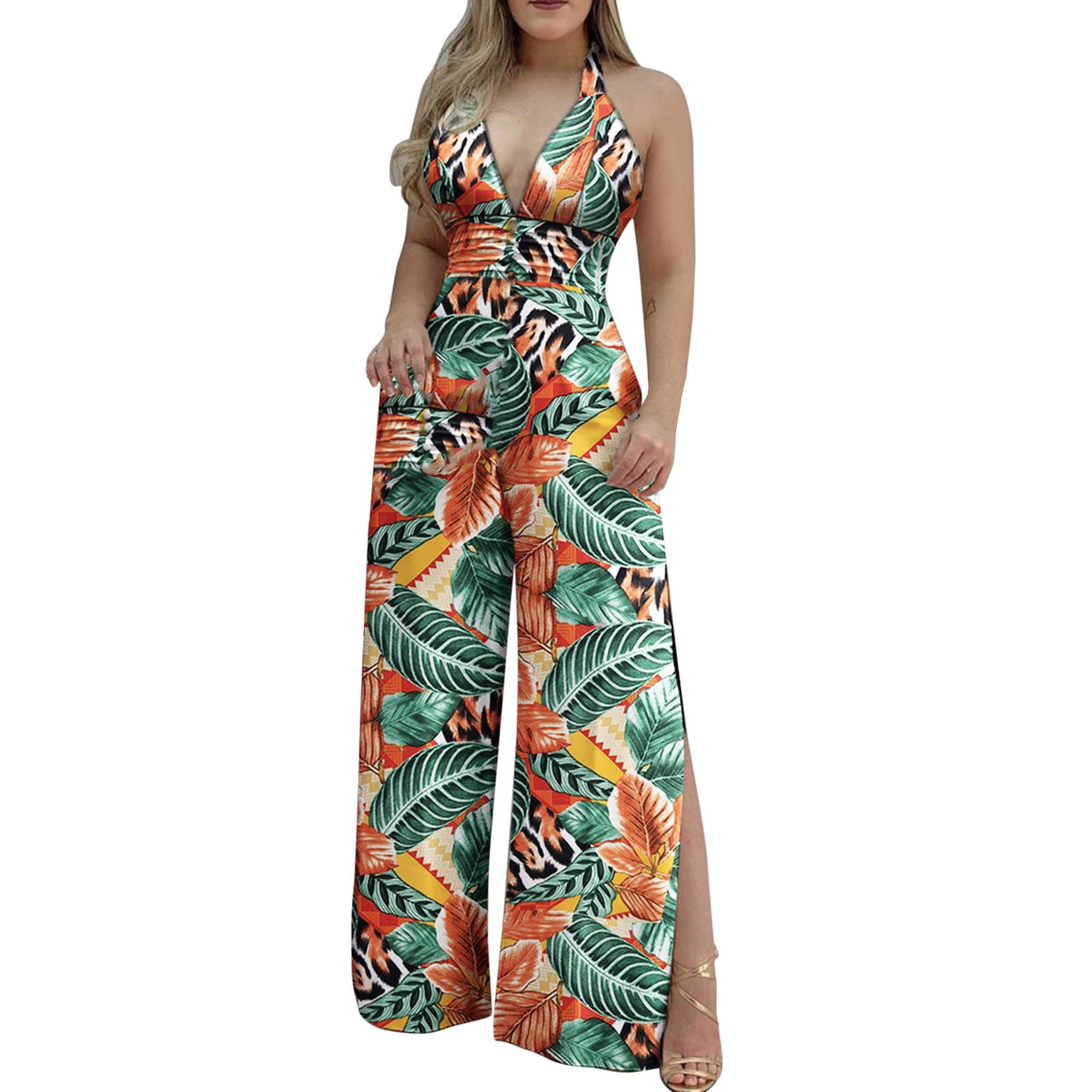 KINGOL Women Summer Fashion Casual Holiday Wide Leg Pants Long Jumpsuit Backless Strappy Playsuit