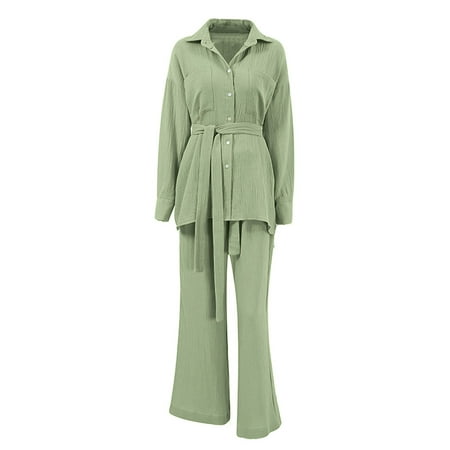 

Womens Pajama Sets Long Sleeve Button Down Lapel Belted Shirt Long Wide Leg Pants Cotton Lounge Sets Loungewear