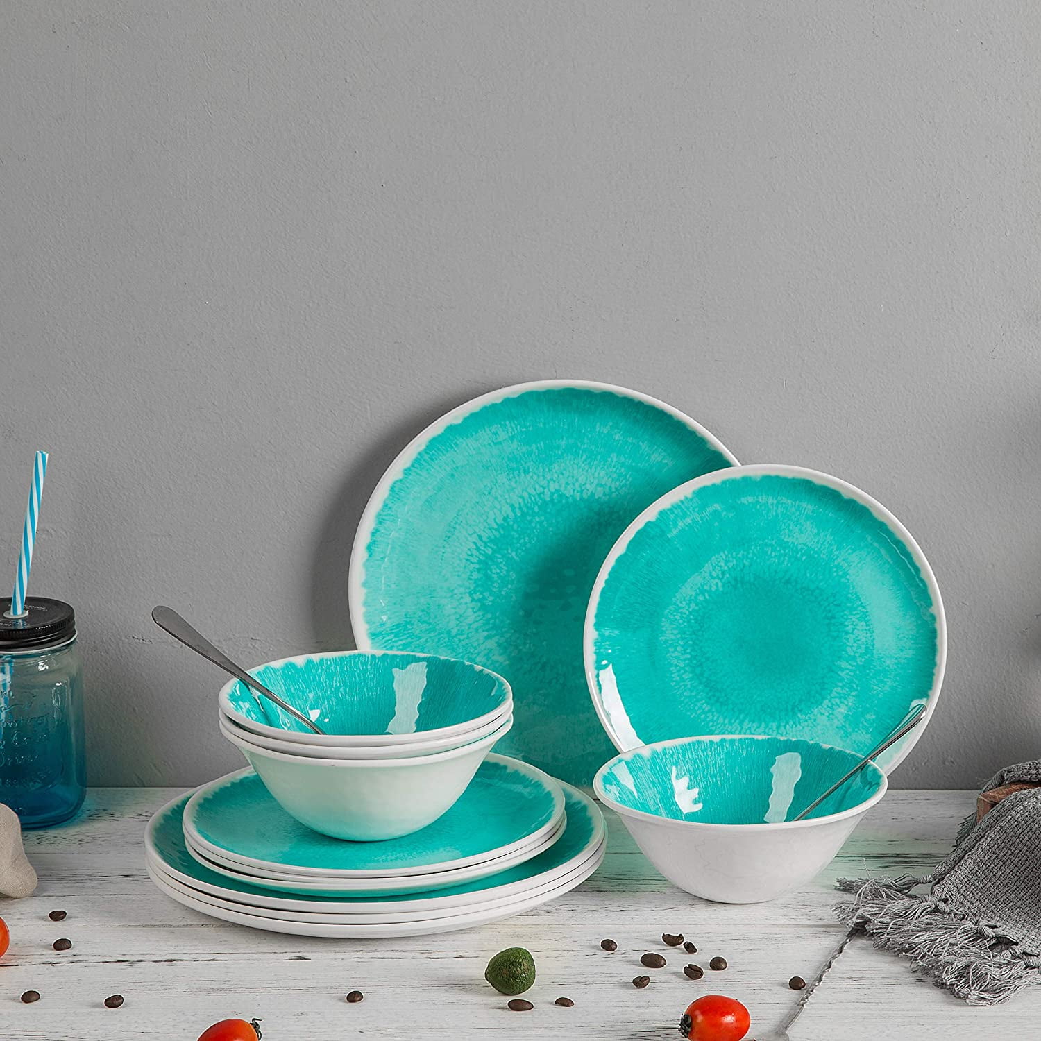 Melamine 12 Piece Dinnerware Set - Dishes Set Suitable Indoors and ...