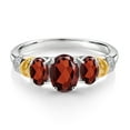 thumbnail image 2 of Gem Stone King 925 Sterling Silver and 10K Yellow Gold Oval Red Garnet and White Diamond 3 Stone Ring for Women (2.67 Cttw, Gemstone January Birthstone, Size 6), 2 of 3