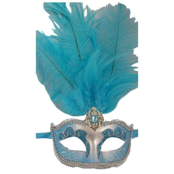 Light Blue Silver Venetian Stick Mask Removeable Masquerade Prom Mask