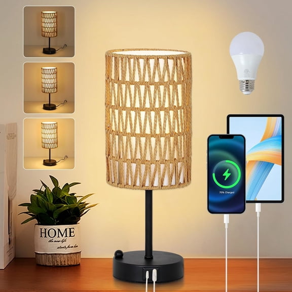 Noble House Touch Bedside Table Lamp with Rattan & Linen Shade, Dimmable USB Charging Port Nightstand Light, Brown