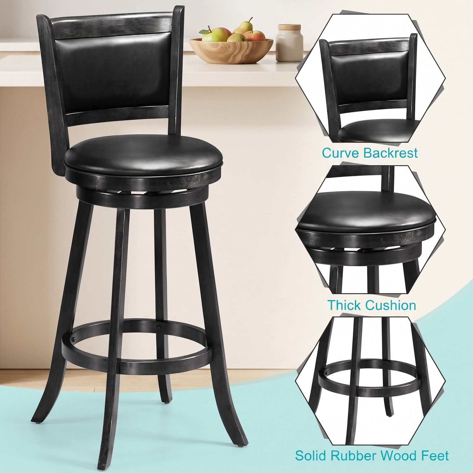 Furnibear Set of 2 29 Inch Swivel Bar Stools, Wood Counter Height Barstools with PVC Cushioned Seat and Panel Back for Kitchen Island Dining, Black
