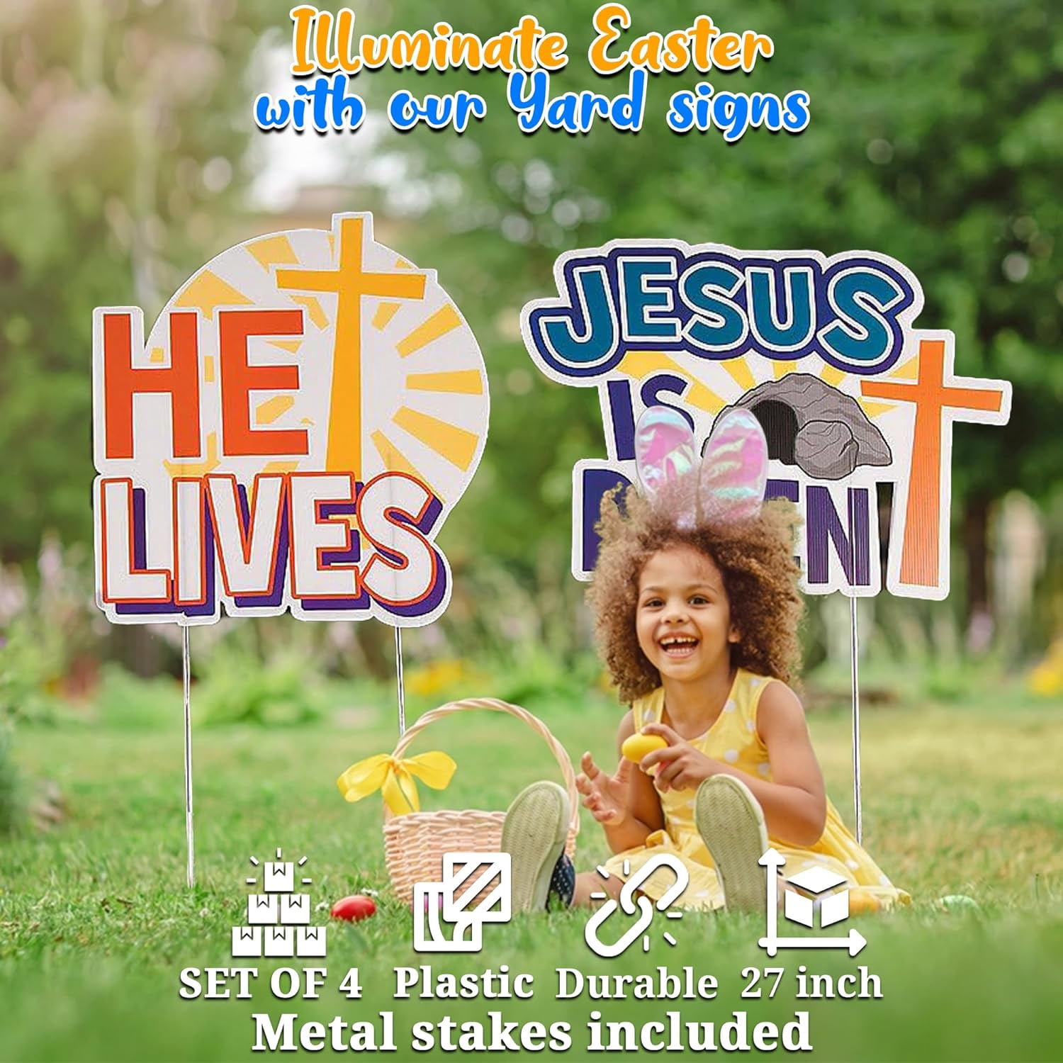 Fun Express 4 Pieces He Is Risen Yard Signs for Easter, Religious Easter Decor, Home Decor
