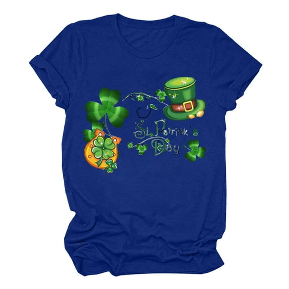 Virmaxy Womens St. Patrick'S Day Letter Shamrock Graphic Basic Tee Fashion Summer Half Sleeve Pullover Solid Color Casual Blouse Tops Blue M