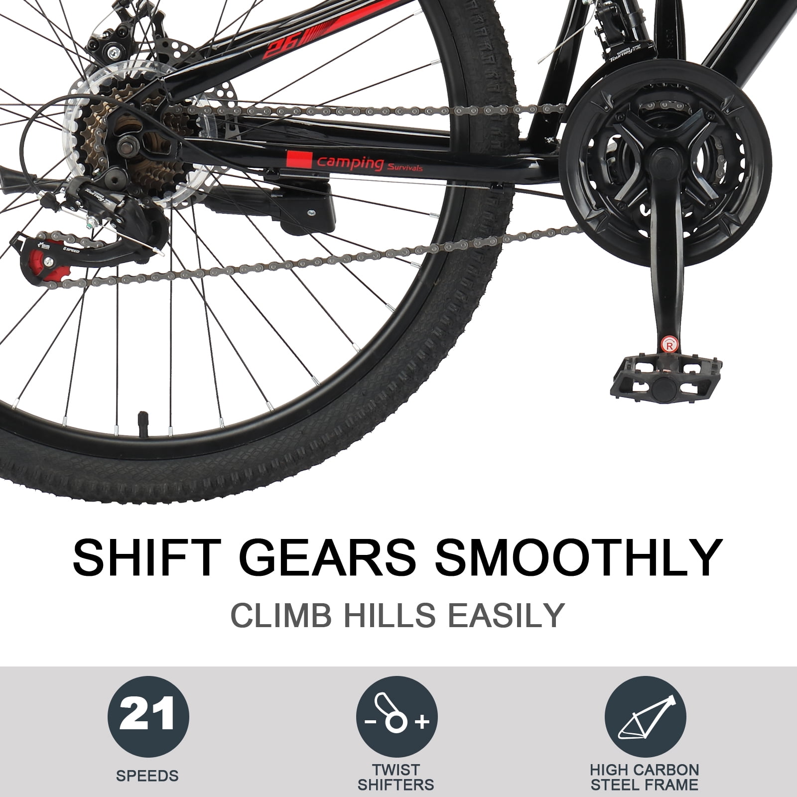 UBesGoo 26 inch Mountain Bike for Men Women, Shimano 21 Speeds High-Carbon Steel Frame, Disc Brakes, Black, Red