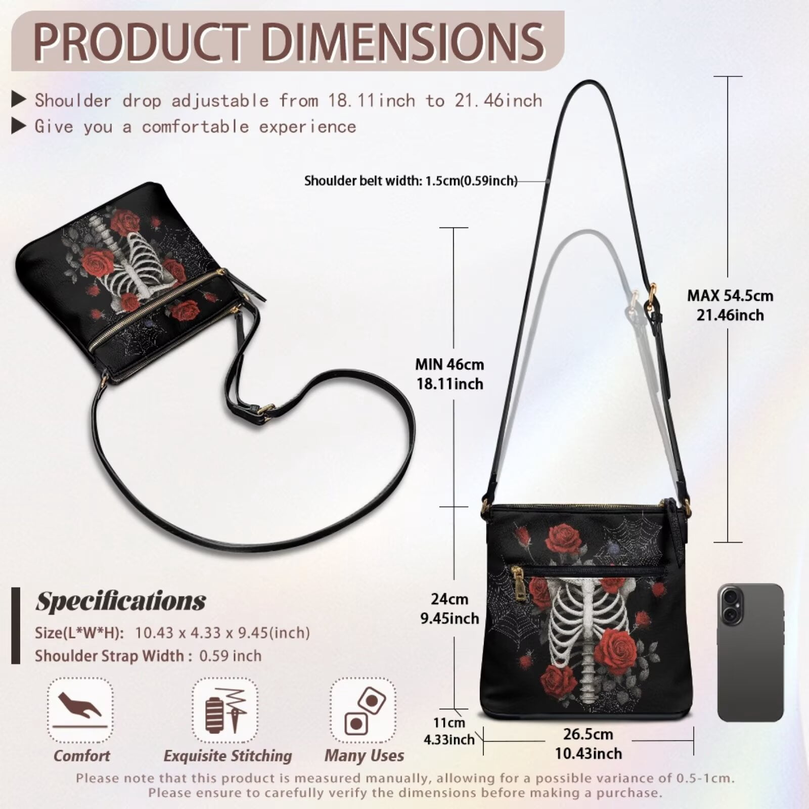 DISNIMO Skeleton Rose Print Crossbody Handbag Purse Spider Web Print Satchel Shoulder Purse PU Leather Messenger-Bag with Removable Straps and Zipper Closure