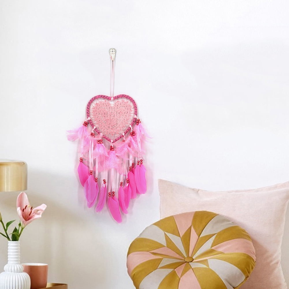 Heart Shaped Pendant Feathers Ornaments LED Lights Woven Net Battery Operated 
