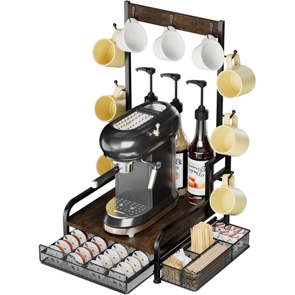 Coffee Syrup Rack Organizer, 2-Tier Coffee Bar Organizer with Pod Holder Drawer for 40 Nespresso/ 28 K Cup Capsules, 9 Hooks Mug Holder & 1 Storage Basket, Countertop Storage for Kitchen, Cafe