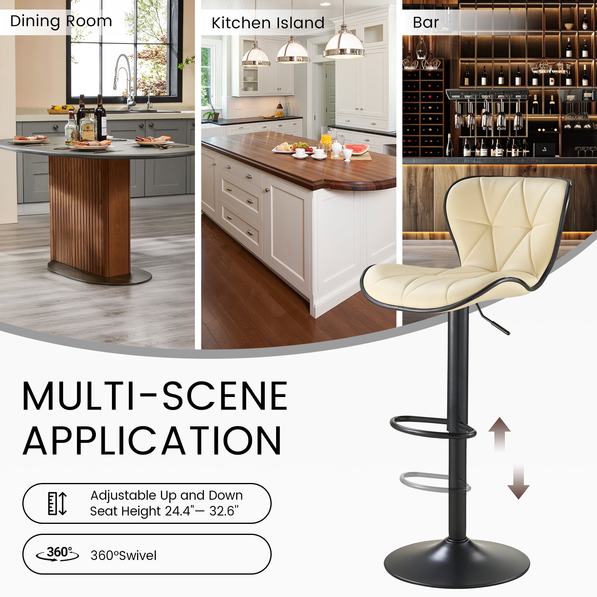 SAETSFEG Bar Stools Set of 2, Adjustable Swivel Bar Stool with Backrest, Modern Counter Height Island Chairs for Kitchen Island, Dining Room, Beige