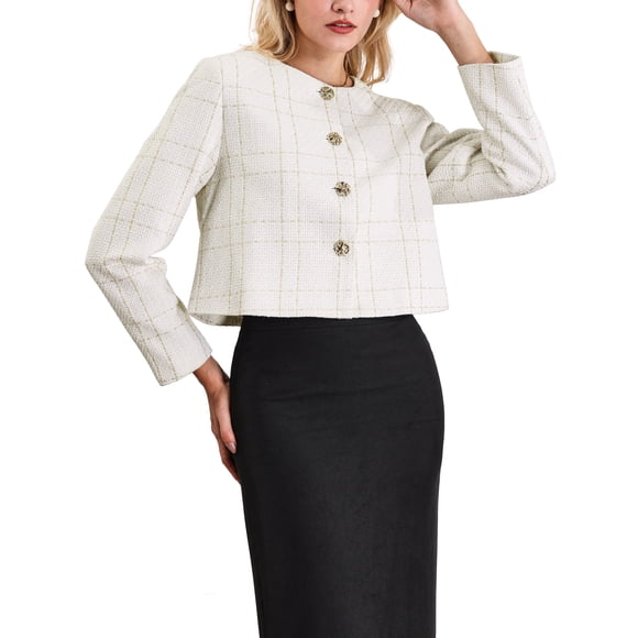 INSPIRE CHIC Women's Plaid Collarless Button Front Crop Tweed Blazer Jacket S Beige White