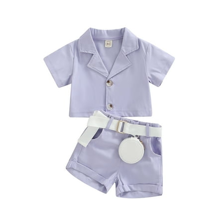 

Bebiullo Toddler Baby Girl Clothes Set Short Sleeve Lapel Blouse + Shorts + Belt Summer 3pcs Outfits Blue 9-12 Months