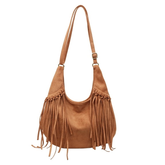 Crossbody Bags for Women, Women Faux Suede Tassel Handbag Adjustable Strap For Work Travel (Light Brown)