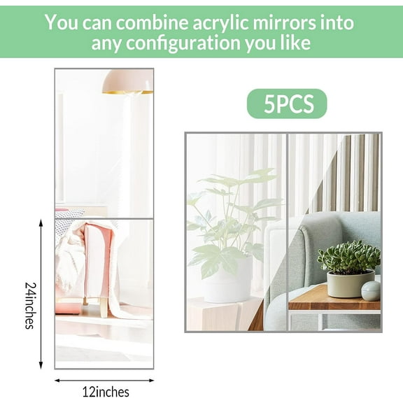 5 Pcs Acrylic Wall Mirror Tiles 12x24 Adhesive Frameless Mirrors for Home Gym Workout Room Decor