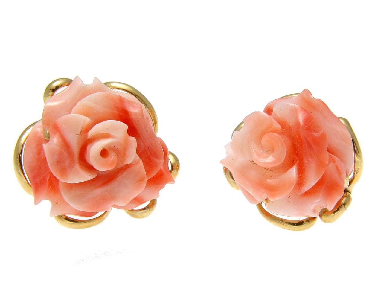 Genuine natural carved pink coral flower stud post earrings 14k yellow gold by