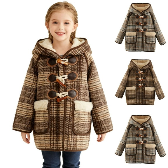NAISIBABY Girls Woolen Coat 8T, Fleece Lined Retro Button Classic Checked Winter Thick Warm Overcoat Coffee (1-10T)