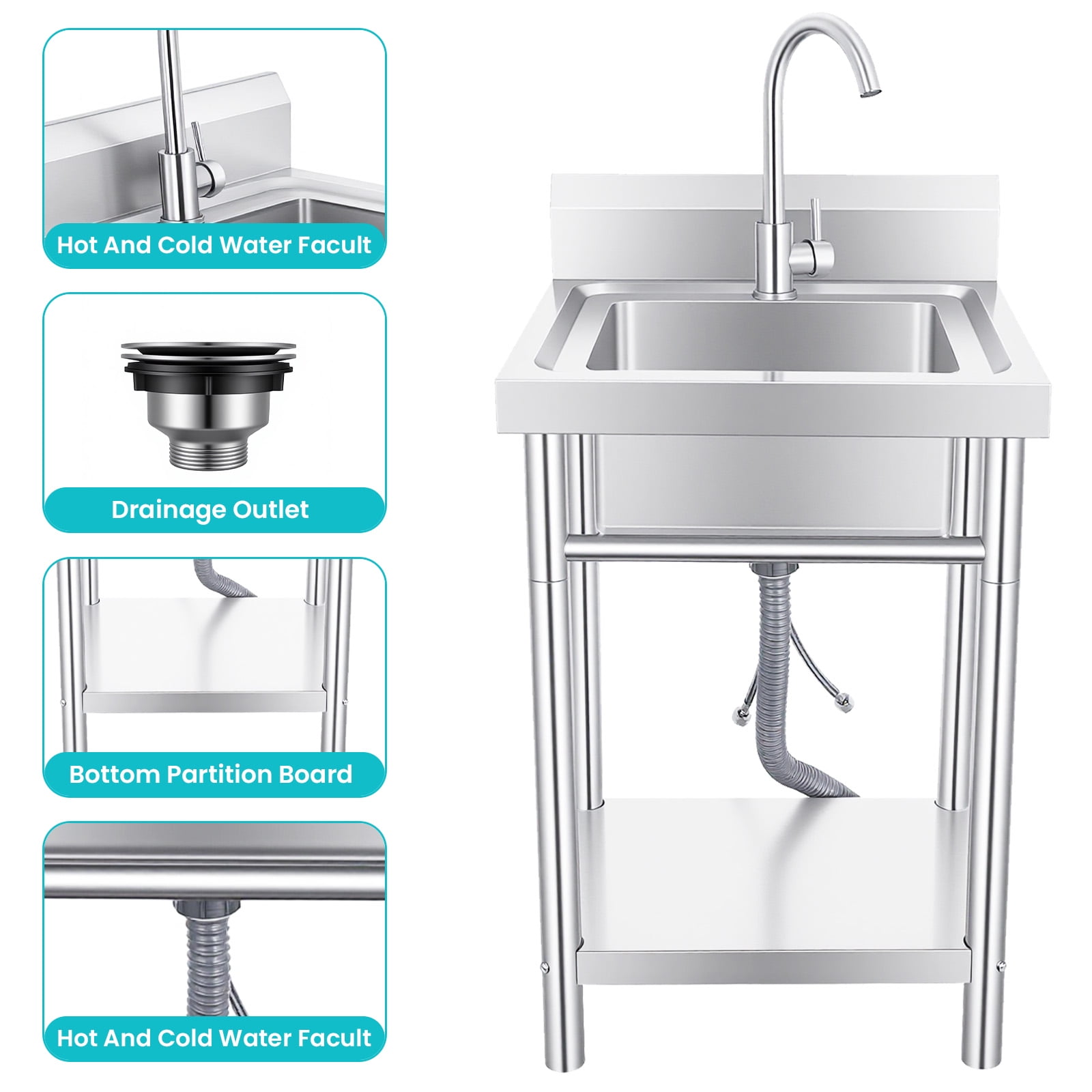 Commercial Kitchen Sink Free Standing Single Bowl Washing Hand Basin Laundry Tub Utility Sink 20 in Silver Lightweight with Installation Kit for Café, Bistro, Indoor