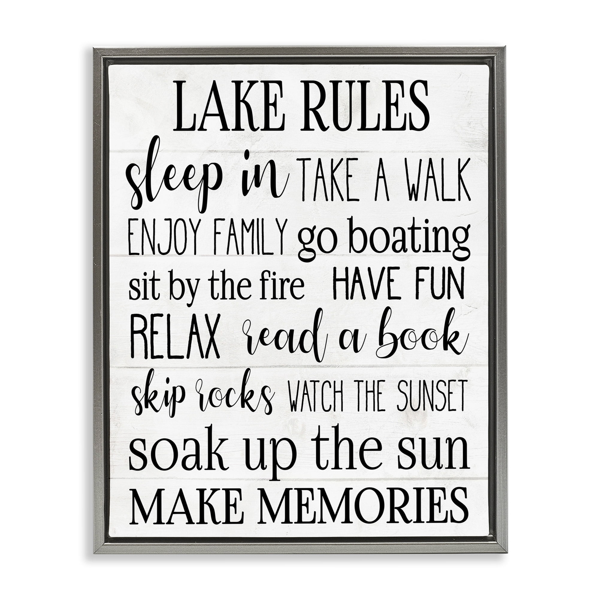 Stupell Industries Motivational Lake Rules Sign Text Styles Black White Luster Gray Framed Floating Canvas Wall Art, 24x30, by Daphne Polselli