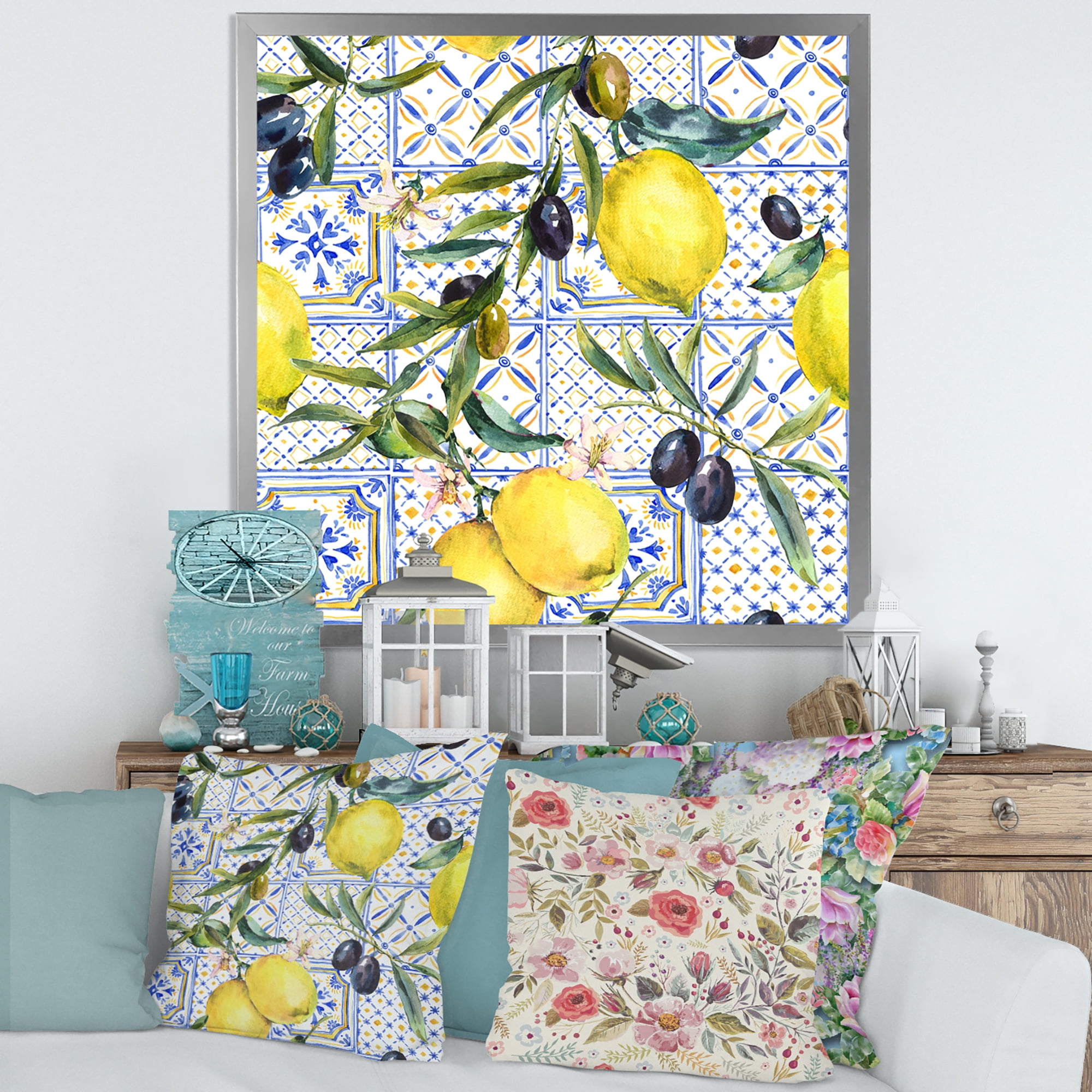 Designart 'Geometrical Pattern of Lemon Ornament On Blue III' Tropical Framed Art Print