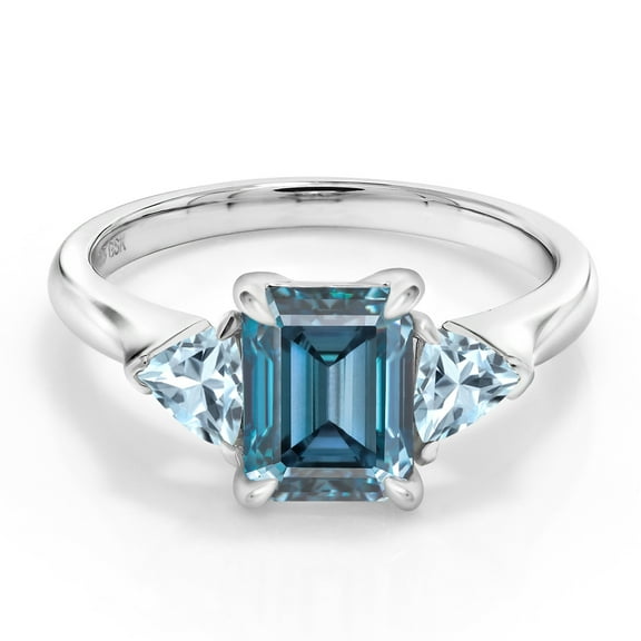Gem Stone King 1.82 Cttw Persian Blue Moissanite and Sky Blue Aquamarine 3-Stone Ring for Women | 925 Sterling Silver | 8X6MM Octagon and 3.5 Trillion | Size 5