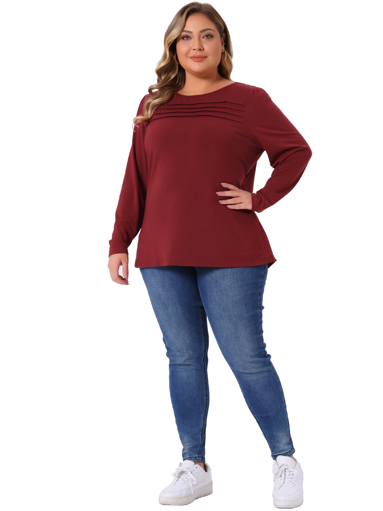 DARING DIVA Women's Plus Crew Neck T Shirt with Front Tucks 4X Burgundy