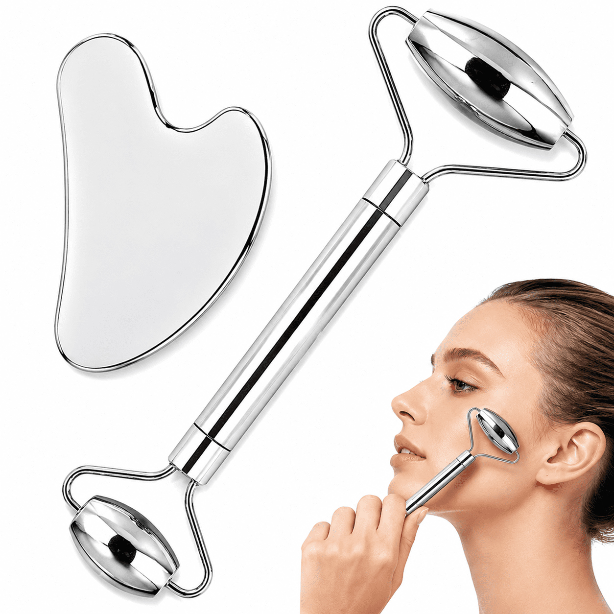 Stainless Steel Face Roller and Gua Sha Facial Tool Set, Dual-Ended Eye Roller for Face Massage, Jawline Sculpting, Puffiness Relief and Self Care