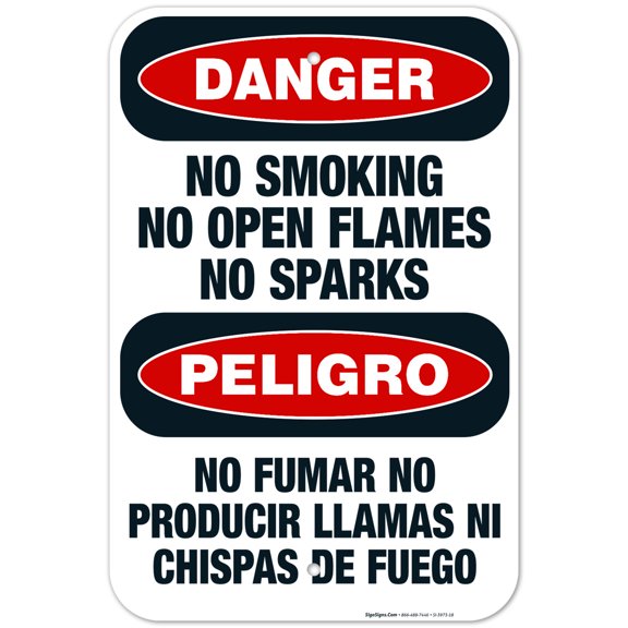 No Smoking No Open Flames No Sparks Bilingual Sign, OSHA Danger Sign, 12x18 Aluminum