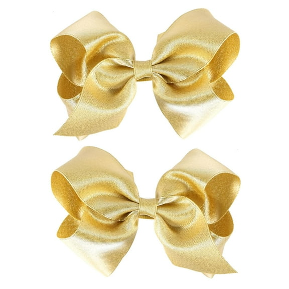 2 Pcs Glitter Gold Ribbon Hair Bows Clips Small Cute Alligator Hairpins 3" for Little Teen Toddler Baby Girls Kids Christmas New Year Gift Wedding Dress Decor Accessories