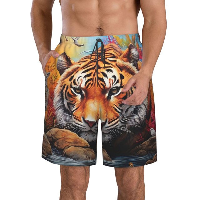 Fotbe Colorful Plant Tiger Trajes de Baño Estampados para Hombre, Shorts de Verano de Secado Rápido, Ropa de Playa, Bañadores-X-Large
