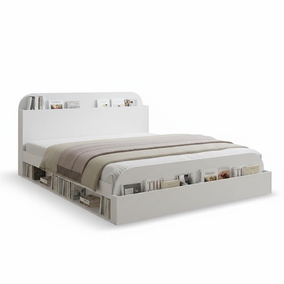 Towallmark Sturdy Storage Headboard Bed Frame -Wooden Platform, Raised Footboard, Slat Support, No Box Spring Needed, White & Walnut, Bedroom Furniture, Walnut, QUEEN Size