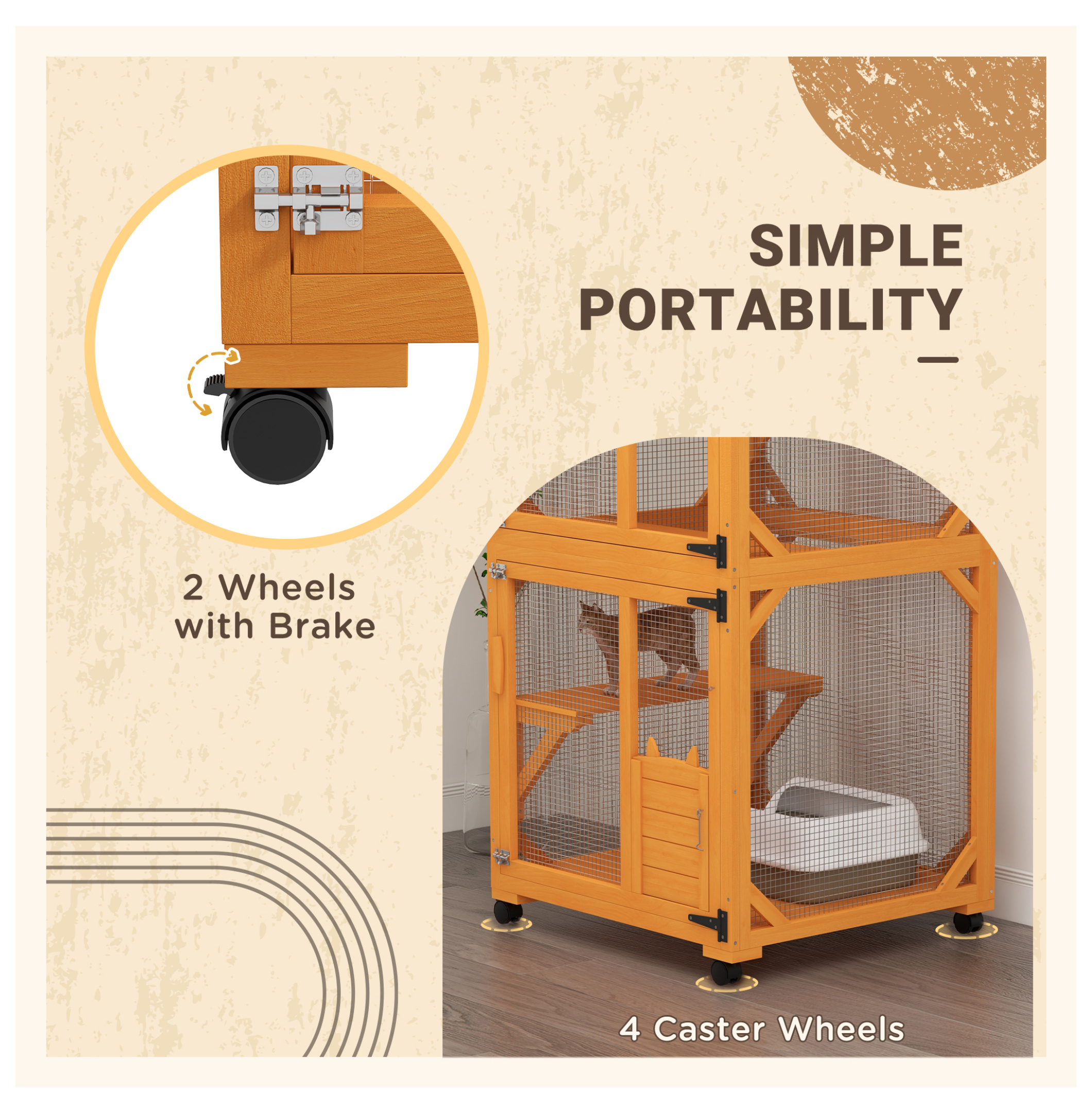 Cat House Outdoor Indoor, 71" Wooden Catio Enclosure, Large Cat Condo with Asphalt Roof & Wheels, for 1-3 Cats - Orange