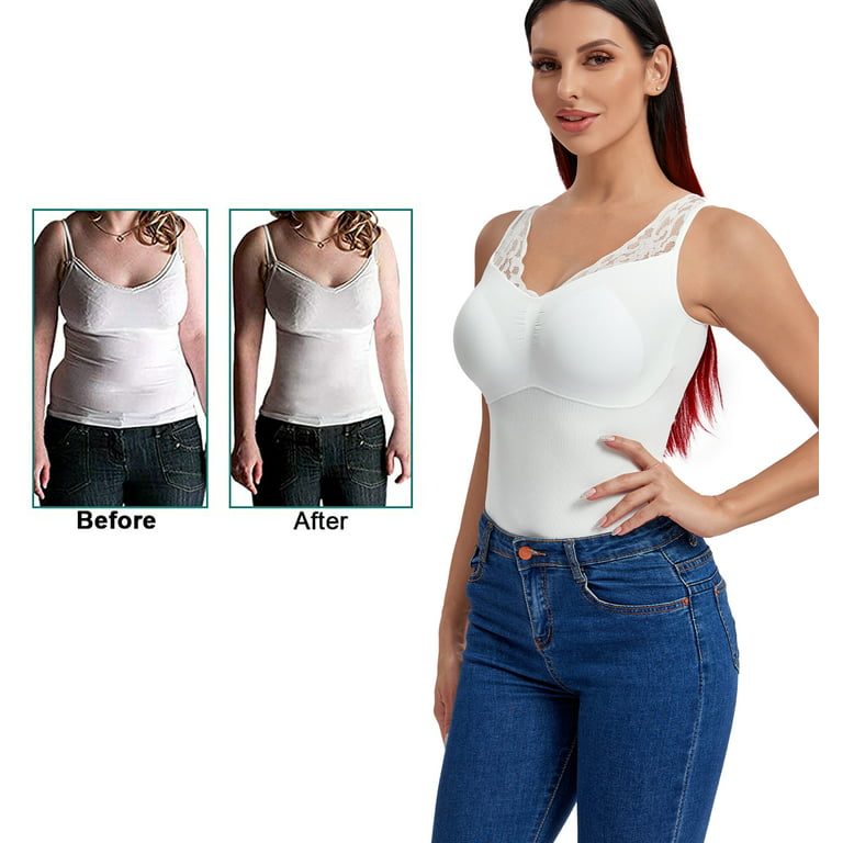 FITVALEN Women's Shapewear Cami with Built in Bra Tummy Control Tank Top V  Neck Lace Shaper Camisoles 