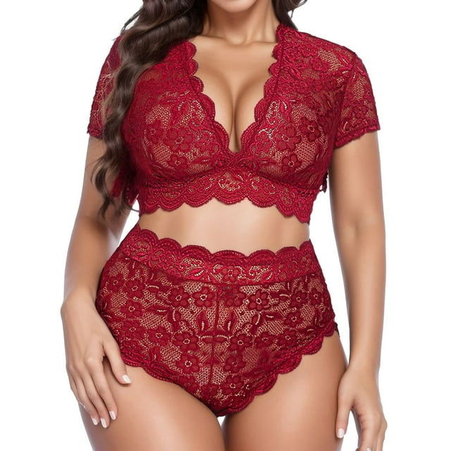 Plus Size Lingerie V Neck High Waist Floral Lace Bra and Panty Two Piece Set No Underwire Comfortable Support