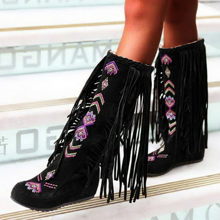 

Feiboyy Woman Style Women Heels Fringe Flock Chinese Boots Boots High Long Flat Tassel Nation Leather Fashion Knee Women s Boots
