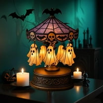 Halloween Decorations Indoor Ghost Carousel Light,Spooky Warm Light Decor with Purple Stained Glass Tent,Bats & Skull Elements,For Bedroom Home Kitchen Mantel Tabletop