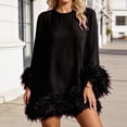 thumbnail image 2 of QHFBli Feather Trim Long Sleeve Dressse for Women Loose Crewneck Zipper Back Birthday Party Tunic Mini Dresses, 2 of 6