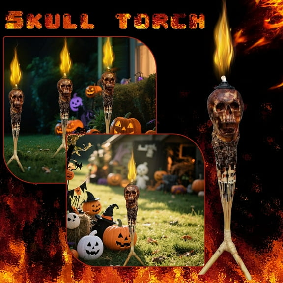 Halloween Skull Tiki Torches for Outdoor Garden Patio – Decorative Flame Torches for Yard, Lawn, Landscape Lighting – Spooky Halloween Party Decorations for Porch, Pathway, and Backyard