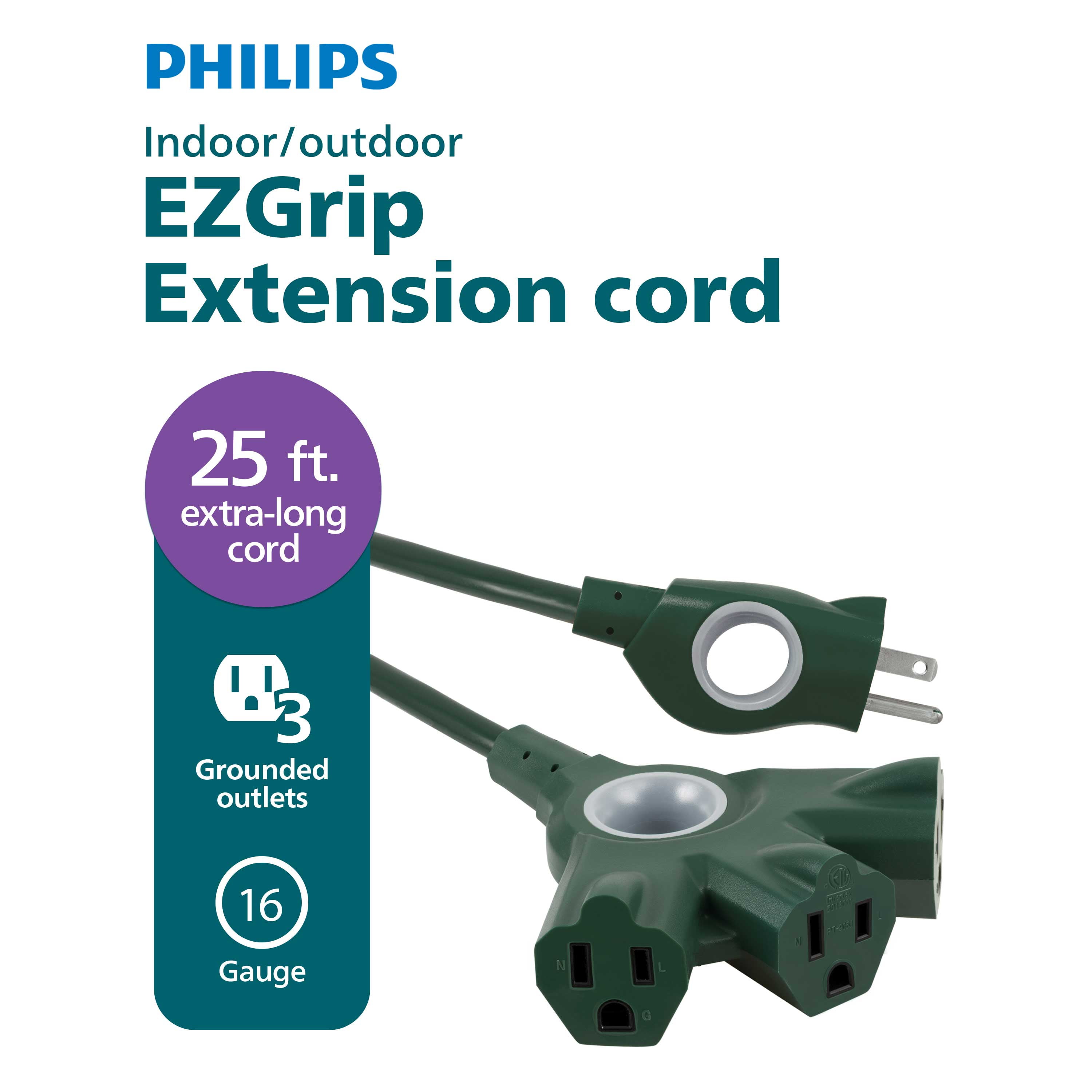 Free Shipping! Philips Extension Cord 25ft Black Indoor Outdoor