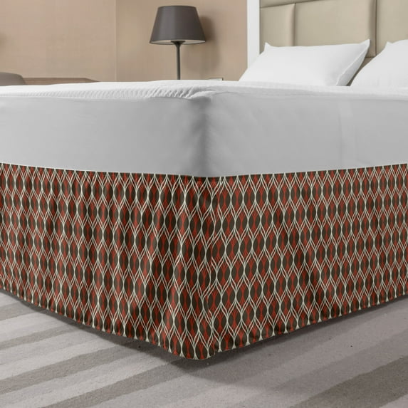Retro Bed Skirt, Vertical Tangled Wavy Stripes Curves in Contrast Colors Old Fashioned, Elastic Bedskirt Dust Ruffle Wrap Around for Bedding Decor, 4 Sizes, Vermilion Chocolate, by Ambesonne