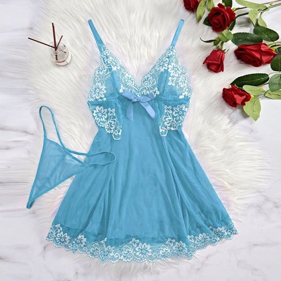 uublik Sleepwear Sets For Women Valentine's Day Bodysuit V Neck Nightgown Nightwear Sleepwear Light Blue