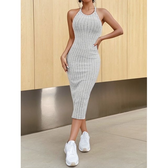 Dodycon-vestido ajustado con cuello Halter para mujer, vestido Midi acanalado, sin mangas, de punto acanalado, color liso, nuevo diseño de moda