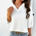 thumbnail image 2 of Lovskoo 2024 Women's Ribbed Lapel Collar Shirts V Neck 3/4 Short Sleeve Loose Casual Comfy Pullover Dressy Womens Tops White L, 2 of 8