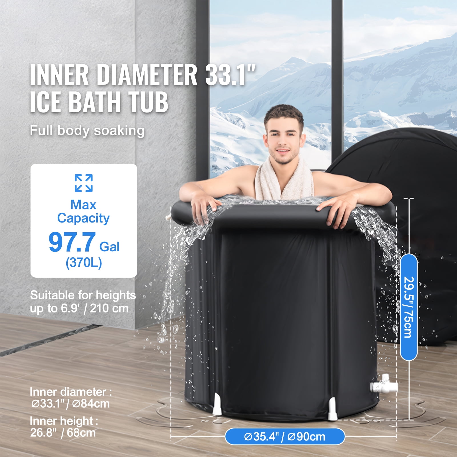 KFFKFF Chilled Water Tub, Athletic Hydrotherapy Equipment, Mobile Exterior Ice Immersion Pool for Recuperation, 98 Gal Inflatable Collapsible Bath with Lid, Domestic Ice Vessel for Mature Individuals