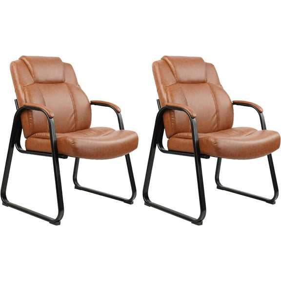 CLATINA Big & Tall 500 lb. Guest Chair, PU Leather Office Reception Chairs with Sled Base, Desk Chair No Wheels for Waiting Room Conference Lobby Computer Living Room, Brown, 2 Pack