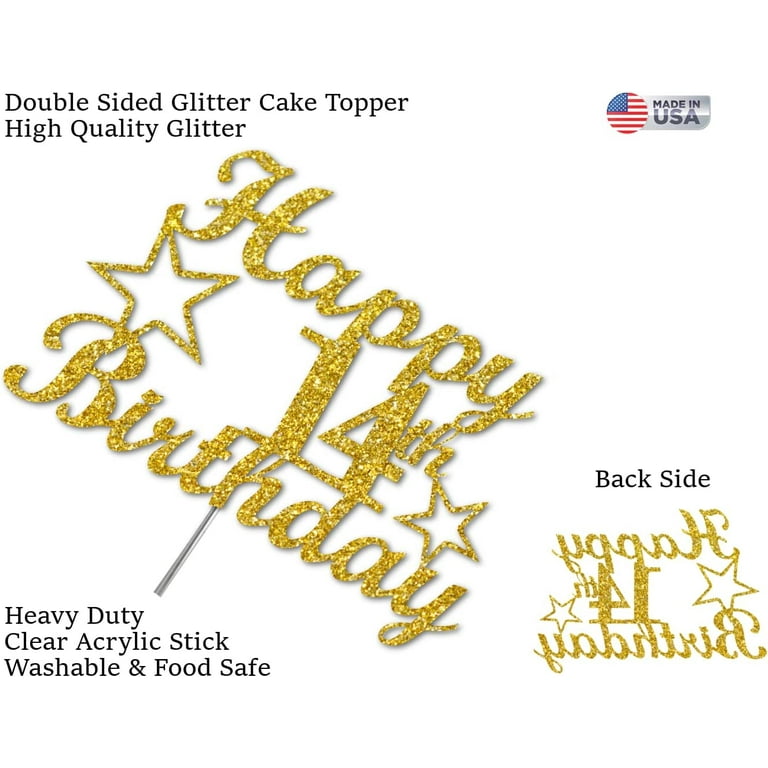 Happy Birthday Glitter Cake Topper, Birthday Party Decorations Ideas,  Premium Quality Decoration, Sturdy Doubled Sided Glitter, Acrylic Stick.  Made in
