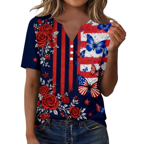 MEICHEN Lidies' Patriotic Tops Summer Printed Short Sleeve Blouses America 250th Anniversary Graphic Tees Casual V Neck T Shirt